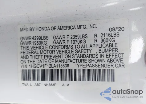 2020 Honda Accord Lx z USA, uszkodzony, nr VIN 1HGCV1F12LA115638